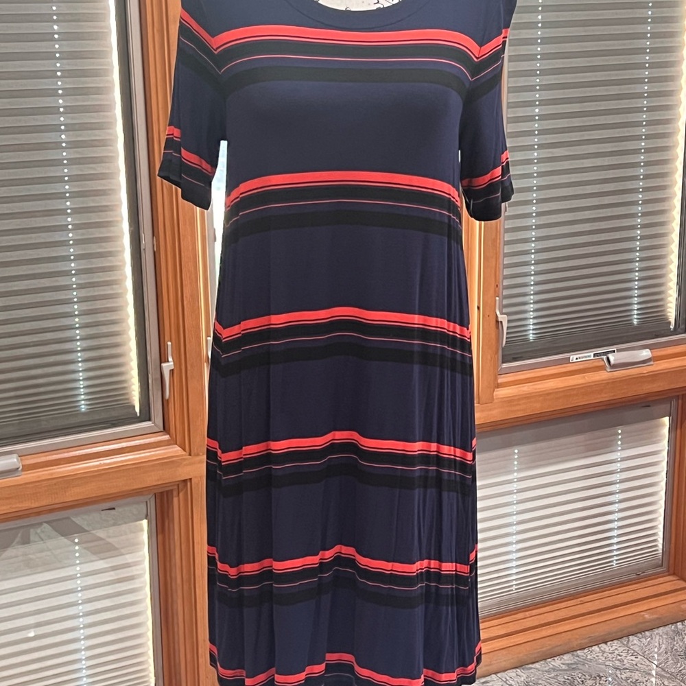 LOFT Blue, Black and Red Cuffed Sleeve Midi Sundress‼️EUC‼️
